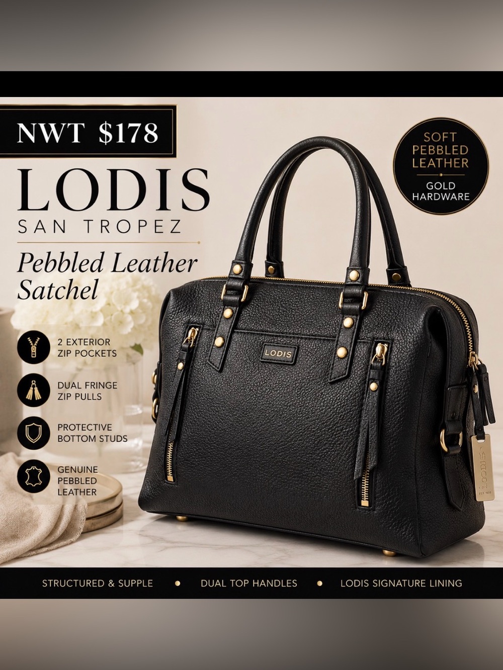 NWT $178 Lodis San Tropez Black Pebbled Leather Satchel Bag